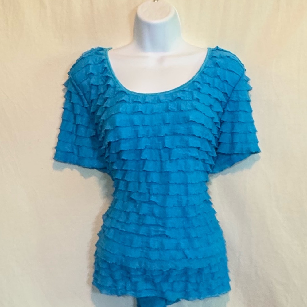 H-70 Cato Blue Ruffled Short Sleeve Pullover Blouse Size XL‎